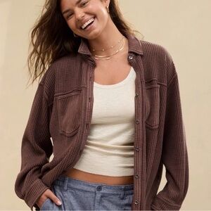Aerie Brown Button-Up Waffle Knit Shirt